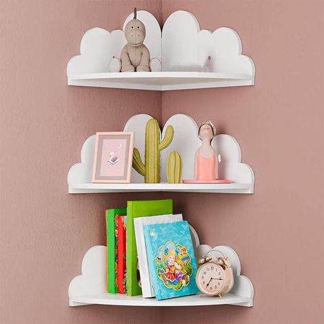 Étagère Angle Bois Lot De 3 - Design Nuage - Rangement Mural Salon Chambre Bébé - 25,5x25,5x16 Cm (1/5)