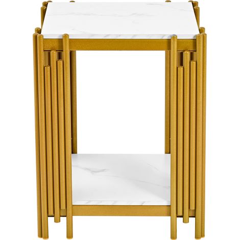 Comodino a 2 ripiani 43x40x54,7 cm in MDF effetto marmo bianco e metallo dorato per camera - CHICFURN (1/5)