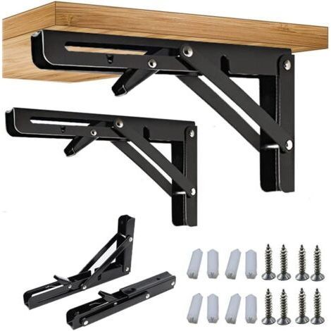2 Pièce Équerre Pliante, 250/300mm Équerre Pliante Étagère Murale, Support Pliante Robuste Noir Support Console Pliable pour Table Etagere Murale 100KG Porteur (300m/12inch) (1/5)