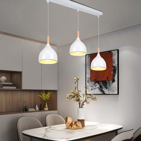 Suspension 3 Lumières Luminaire Contemporain en Métal Lustre Plafonnier pour Chambre Salon Salle à Manger avec Rectangulaire Base Blanc Bois (1/5)