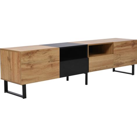 Meuble TV moderne noir et bois avec grand espace de rangement 190x38x48 cm (1/5)