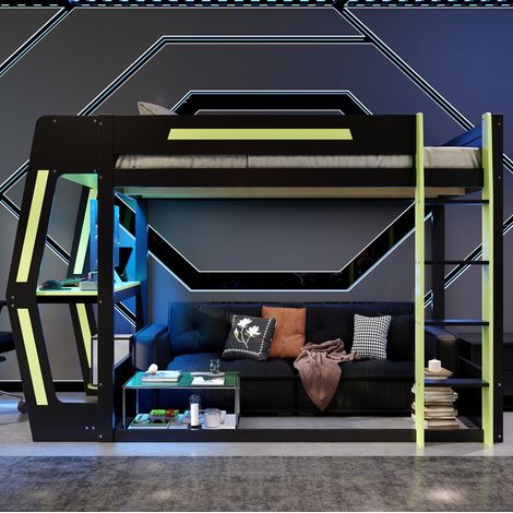 Hochbett 120x200 cm Holz Schwarz/Grün mit LED-Schreibtisch, platzsparend, ohne Matratze – MEUBLIV (1/5)