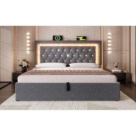 Lit double 140x200 en velours à tête de lit led, ports usbc, rangement hydraulique, gris (avec matelas) (1/5)