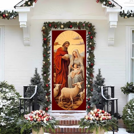 Guirlande Porte De Noël - Scène De La Nativité - Ruban Rouge - Décoration Intérieure Et Extérieure - 1 Pièce (1/5)