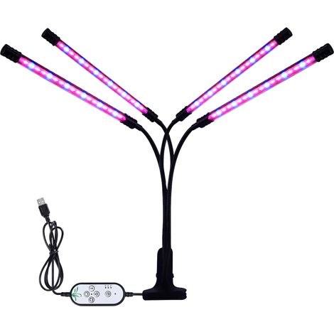 Lampe de croissance LED 4 têtes, lumière bleue/rouge, minuterie 4/8/12h, 5 niveaux luminosité, pince, spectre complet, col cygne réglable, USB (1/5)