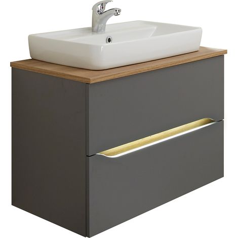 Badezimmer Waschtisch mit Griffbeleuchtung in Quarzgrau Matt Touch mit Riviera Eiche Nb. QENA-66, B/H/T ca. 73/62,1/45 cm (1/5)