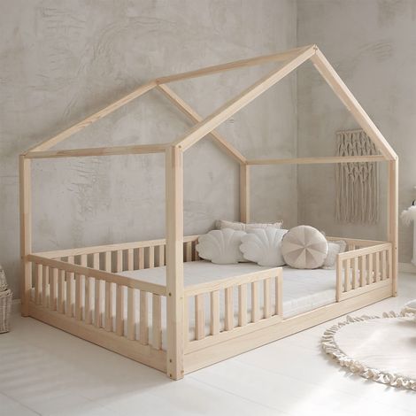 Cama cabaña 140x200 con barandilla y somier patas de 1 cm Roxane Madera (1/4)