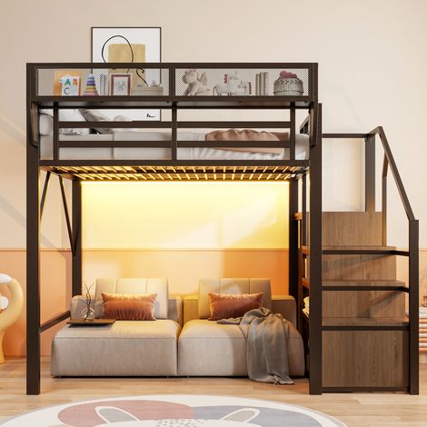 Cama alta 140x200 con LED, escalera y almacenaje, negro DESVIAE (1/5)
