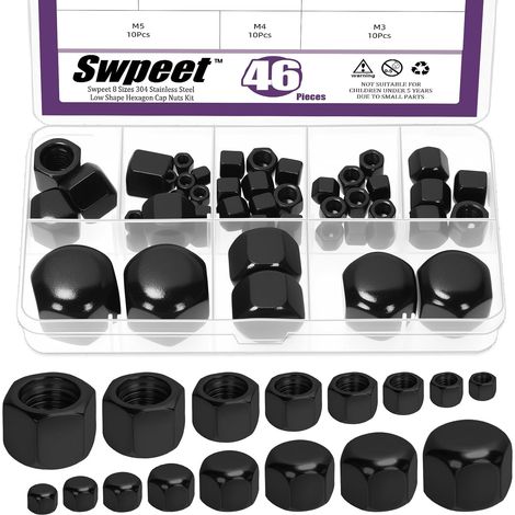 46Pcs 8 tailles noir M3 M4 M5 M6 M8 M10 M12 M14 DIN917 304 acier inoxydable court couvercle basse Kit d'écrou de glaçon, écrou de glaçon à capuchon mince de type hexagonal, écrou aveugle (1/5)