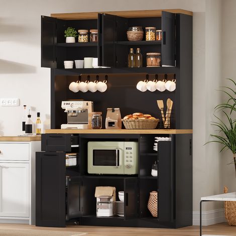 Mueble de cocina 120x40x182 cm MDF negro y madera, LED RGB, enchufes y almacenaje - CHICFURN (1/5)