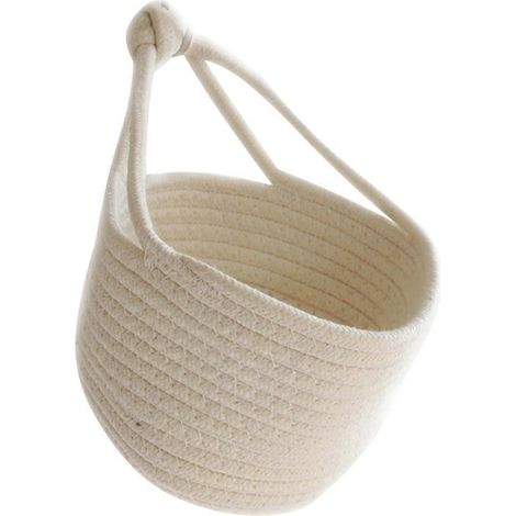 Panier suspendu tressé en corde de coton, panier de rangement rond blanc (1/5)