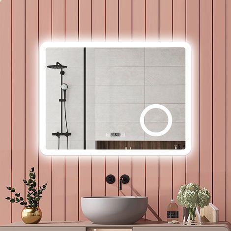 Aica Miroir de salle de bain 100x60cm Tricolore + Dimmable + Horloge + Anti-Buée