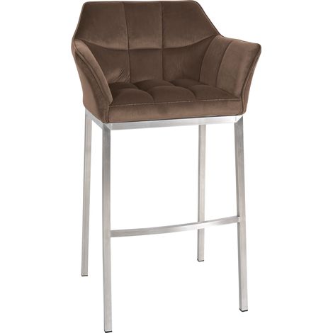 Sgabello da bar x1 con seduta avvolgente imbottita in velluto marrone e struttura a 4 gambe in acciaio inox 100006460