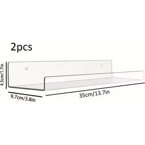 (Transparent 35 cm) Lot de 2 étagères de rangement murales flottantes en acrylique transparent pour livres et maquillage, présentoir pour salle de bain et cuisine (1/5)