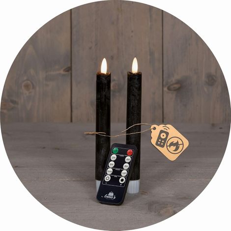 Bougies bâton LED avec minuterie NOIRES Lot de 2 pour l'intérieur avec fonction minuterie 6 heures VRAIE CIRE Hauteur 18 cm pour les bougies Diamètre