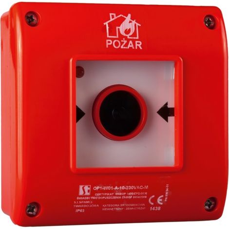 Pulsador de alarma de incendios manual (PF), versión de superficie, activación por rotura de cristal, 1 contacto NA, 1 contacto NC con martillo. (1/3)