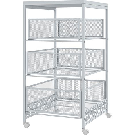 Beyamis 3-stöckiger Rollwagen mit 3 Aufbewahrungskörben für Wohn- und Esszimmer, 34 x 29,5 x 57,5 cm, Weiß