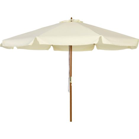 Parasol en bois Ø325x250 cm avec système de poulie, toit ventilé et 8 baleenes en bambou pour terrasse ou balcon, couleur crème. (1/4)
