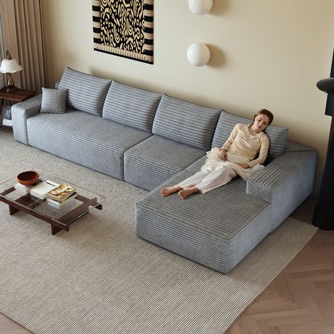 Canapé d'angle en L 340cm,canapé modulaire en velours côtelé, avec chaiselongue,canapé 4 place compression,assise profonde,gris