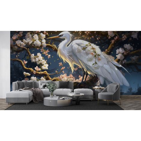 Papier peint animaux - héron blanc majestueux parmi les fleurs blanches - 150 x 250 cm (1/2)