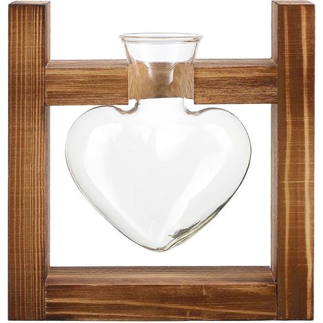 Vase en verre en forme de cœur pour culture hydroponique, pot de fleurs, avec support en bois (style rétro) (1/4)