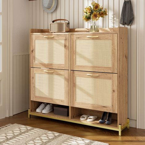 Meuble à chaussures 4 portes en MDF, effet rotin, étagère supérieure, bois DESVIAE (1/5)