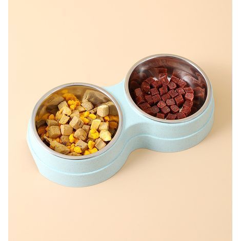 Gamelle pour chien mignonne fournitures pour animaux de compagnie bol d'alimentation rond antidérapant en acier inoxydable pas facile à renverser deux bols (Couleur : bleu) (1/4)