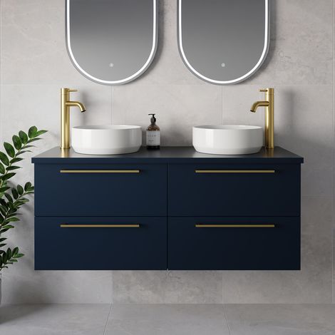 Napoli 460 Deep Blue 1200mm Wall Mounted 4 Drawer Vanity Unit for Countertop Basins - 1200mm - Brushed Brass 320mm Handle