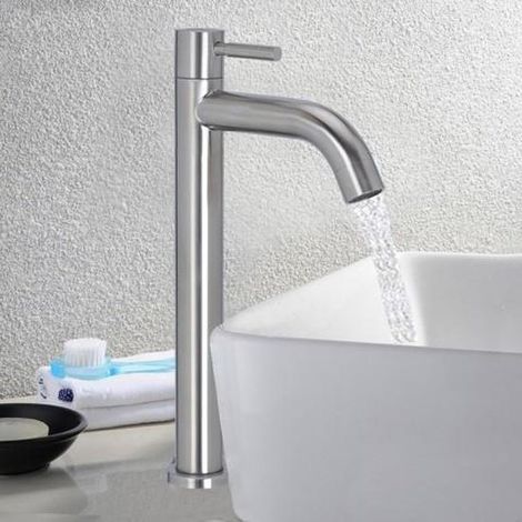 Grifo para lavabo de baño, modelo 8302 - 30 cm de altura - Solo agua fría - Acero inoxidable (1/5)