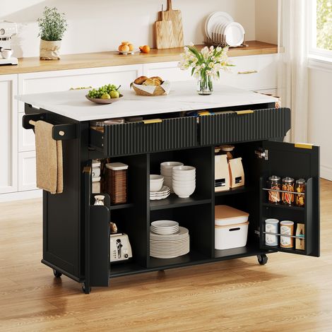 Carrello cucina 143x45x89.5 cm, piano pieghevole, 2 cassetti, 2 ante, portaspezie, MDF nero e naturale (1/5)
