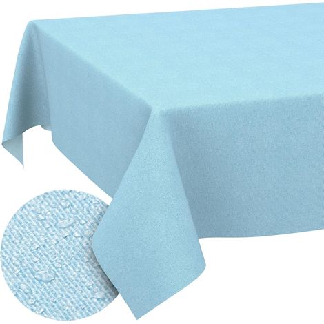 Nappe rectangulaire imperméable anti-tache bord coupé, 140×100cm, tissu aspect lin bleu pastel, intérieur extérieur jardin (1/5)
