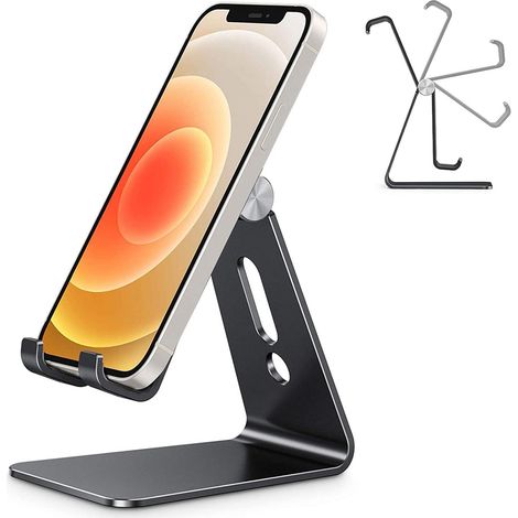 Support téléphone noir réglable, support de bureau multi-angle en aluminium, porte-smartphone compatible iPhone 13 Pro/13/12 Pro Max/12/11 Pro/XR, Samsung S20/S10/S9 (1/5)
