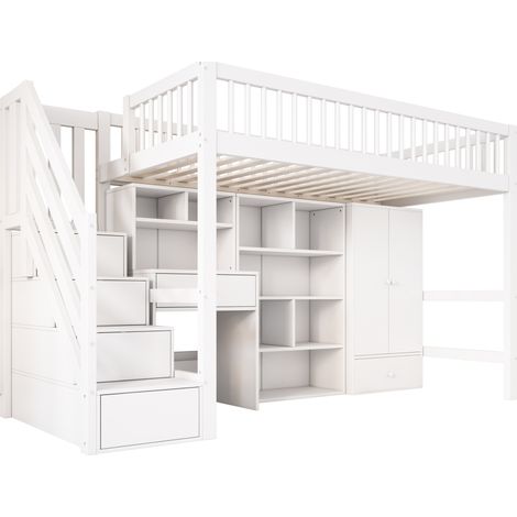 Kinder-Hochbett 90 x 200 cm mit Schreibtisch, Treppe, Stauraum und Schrank, weiß