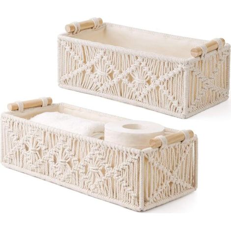 Lot de 2 paniers de rangement en avec poignées en bois, blanc boho salle de bain paniers tissés pour étagères, comptoir fait à la main armoire de toilette organisateur boîtes pour (1/5)
