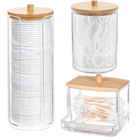 Contenant Pour Coton-Tiges Et Disques Démaquillants - 3 Pièces - Couvercle En Bambou - Design Transparent - Salle De Bain Et Chambre À Coucher