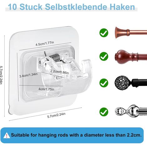 Set di 10 supporti adesivi regolabili per asta per tende - Ideali per soggiorno, camera da letto, bagno, hotel - Trasparenti - ALTRO (1/3)