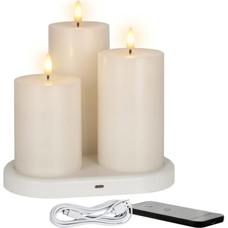 LED Echtwachs Kerze 3er Set wiederaufladbar mit Ladestation und Fernbedienung - 15 / 12 / 10 cm - Künstliche Stumpenkerze mit Flammen Effekt Akku betrieben