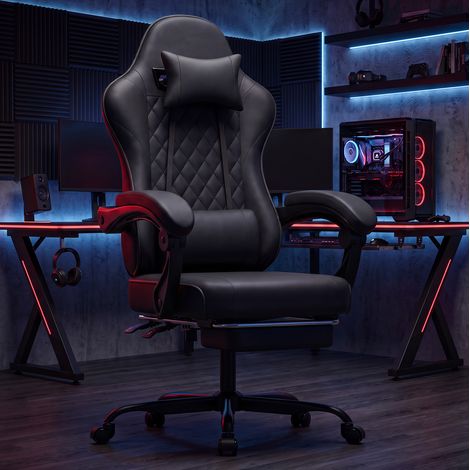 Chaise gaming ergonomique PVC noir et bleu avec repose-pieds et dossier inclinable - CHICFURN (1/5)