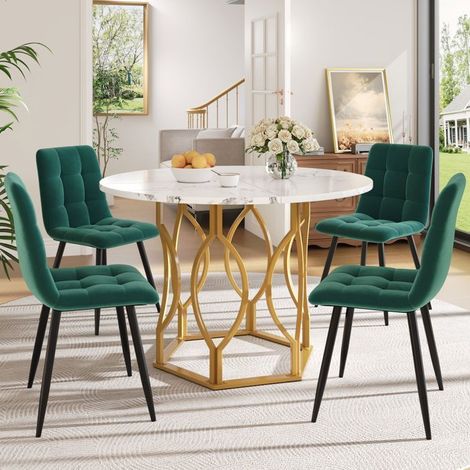 Ensemble table et chaises - SOGEU - Ronde Ø100 cm - Plateau MDF blanc effet marbre - Piètement métal doré - 4 chaises velours vert (1/5)