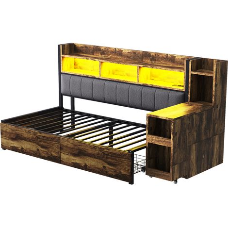Cama individual multifunción 90 x 200 cm de metal y madera, con almacenaje, escritorio y LED (1/5)