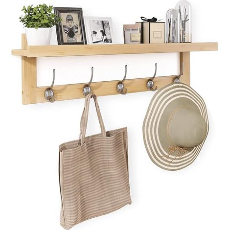 Portemanteau mural avec étagère, 74 cm, en bambou, avec 5 doubles crochets en métal – Pour entrée, salle de bain, chambre, cuisine ou salon (couleur naturelle) (1/5)