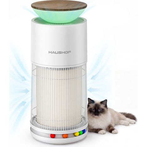 HAUSHOF Purificateur d'Air HEPA H13 CADR 380 m³/h jusqu'à45 m² Filtration 4-en-1, Capteur PM2,5, Mode Animaux avec Plateforme pour Chat et Balles Interactives, Aromathérapie