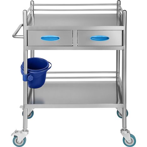 Mophorn Carro de Laboratorio de Acero Inoxidable, Carro Medico 2 Capas 2 Cajones, Carro de Servicio Carga 100 kg con Ruedas Bloqueables y Cubo, para Laboratorio Salón Hospital, Uso Dental