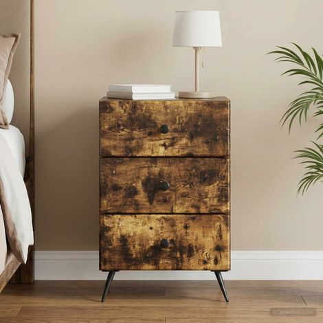 Table de chevet à 3 tiroirs en bois d’ingénierie chêne fumé 43 x 41 x 66,5 cm, 17.7kg - PANGIVO (1/5)