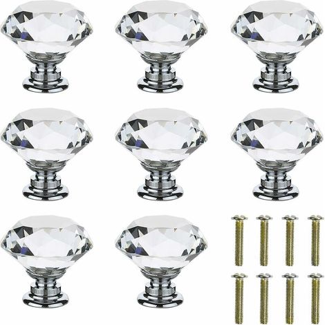 Bouton de meuble de 30 mm, bouton de meuble en cristal, lot de 8 boutons de tiroir, poignées de meuble, en alliage de zinc, avec vis, robuste et dura