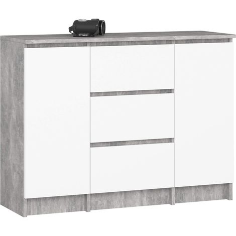 Kommode K100 Beton 101 cm 2 Türen 3 Schubladen Front Weiß 4 Regalböden B101xH76xT35 cm (1/5)