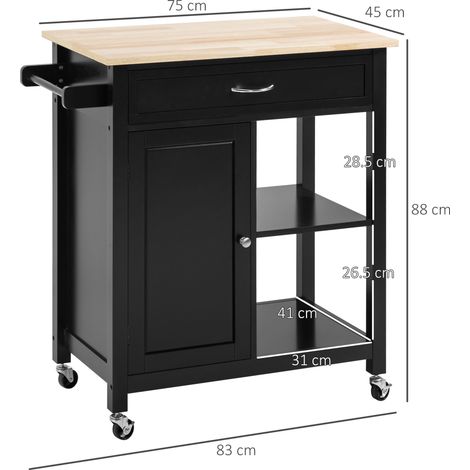 Chariot de cuisine en bois avec tiroirs, placards et roulettes, 83 x 45 x 88 cm, noir (1/5)
