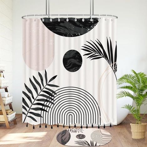 Set di tende da doccia in stile bohémien di metà secolo con motivo a foglie, design a sole curvo, fantasia minimalista a foglie, tessuto di lusso impermeabile - 12 ganci (bianco e nero - 183 x 183 cm) (1/5)