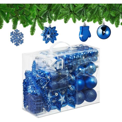 Relaxdays Weihnachtskugeln 100er Set, glitzernd, matt & glänzend, Baumschmuck, Kunststoff, verschiedene Designs, blau
