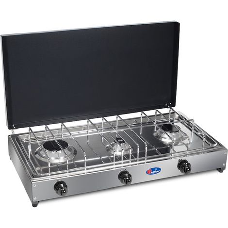 CFParker Fornello a Gas 3 Fuochi Gpl / Metano con Piano in Acciaio Inox e Valvola di Sicurezza mod. 5523SGSP - Fonte di alimentazione: Gpl